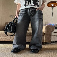 日系文艺新款长裤做旧铆钉闪电牛仔裤男女阔腿无品牌气质时尚潮流，男装牛仔裤，星座218-8