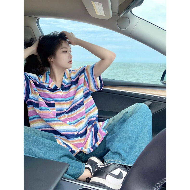 夏季热带条纹慵懒衬衫半袖针织短袖上衣女C110,男装衬衫,星座1116A（原606A-3）