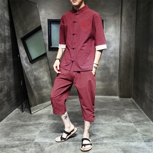 汉服男男士唐装男短袖套装风外套披风裤子刺绣套装 A811 P85图片