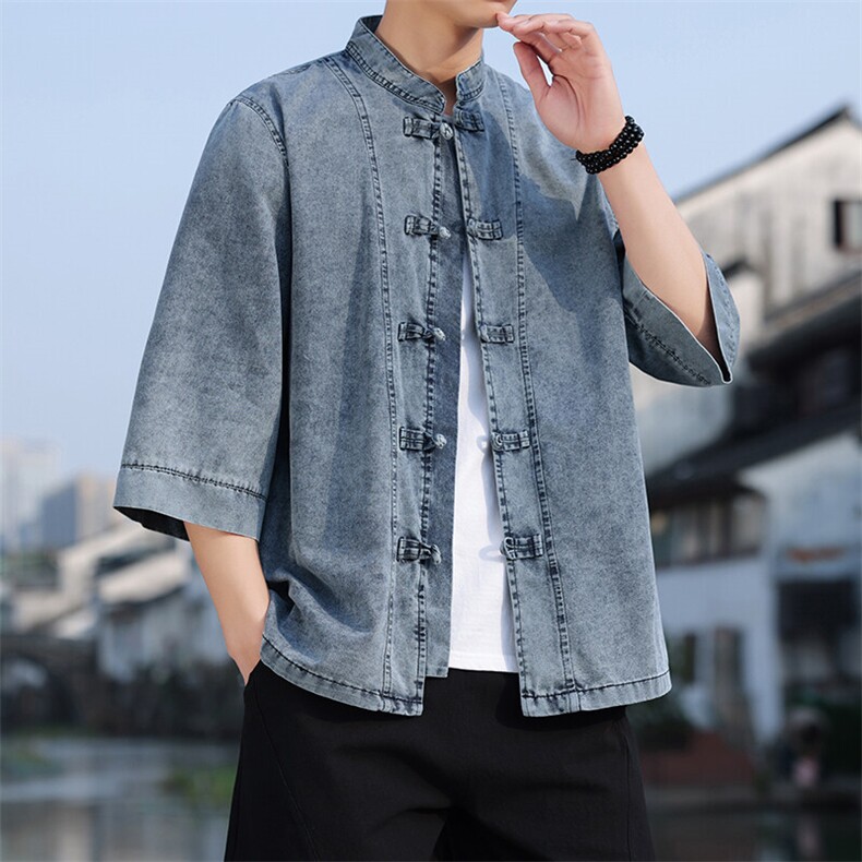 夏季牛仔七分袖衬衫盘扣立领上衣宽松大码男休闲CS2504-P7088图片