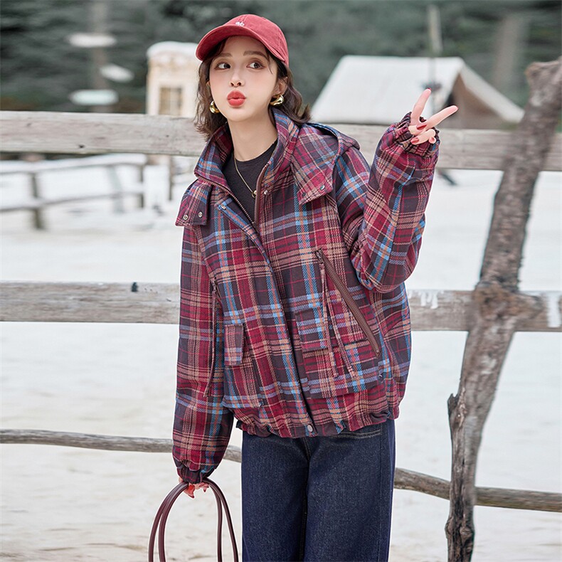水衣源2904款牛仔格纹连帽宽松加厚加棉短款洋气时尚外套女,女装棉衣/棉服,水衣源