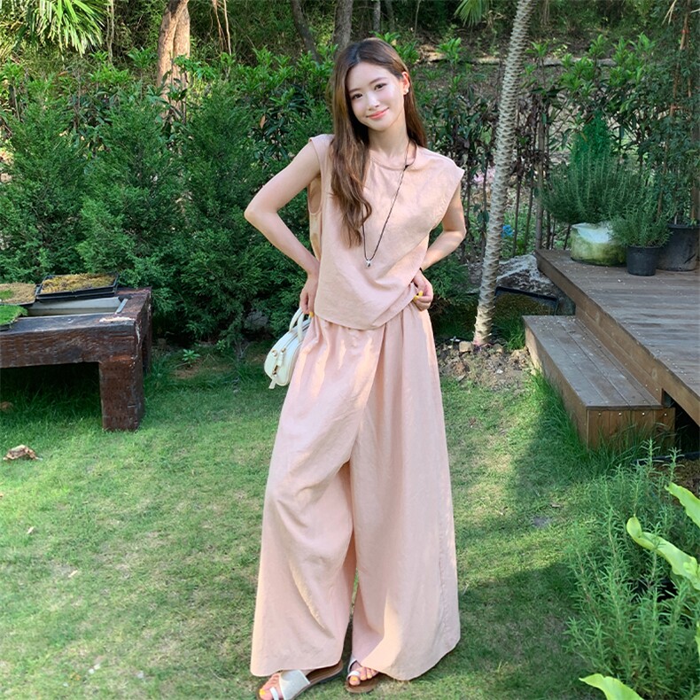 粉色无袖圆领上衣套装夏女2025新款法式茶歇气质宽松阔腿裤两件套,女装套装/套裙,2D034