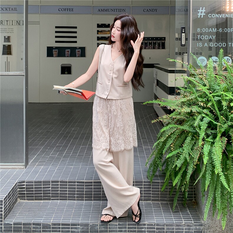 韩系松弛感蕾丝拼接马甲套装女2026夏季新款休闲阔腿裤两件套,女装套装/套裙,冬木谷雨