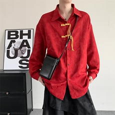 春装新中式男装唐装风红色花长袖衬衫结婚登记汉服衬衣胖子，男装衬衫，星座909