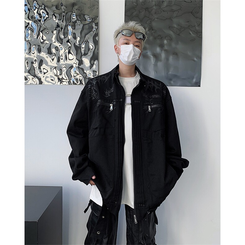 2024新款美式高街工装夹克黑色手臂拉链重工立领机车服W8306-P72,男装夹克,星座512-4