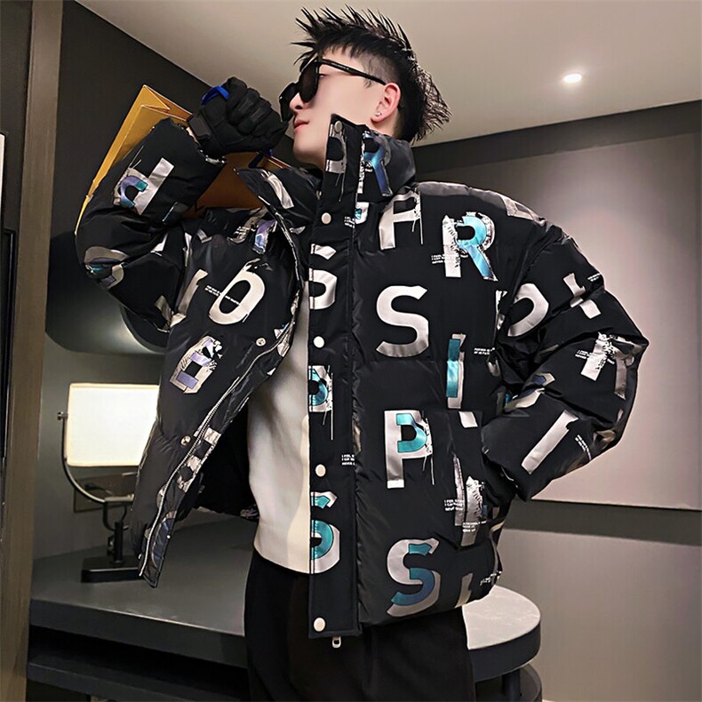 AY95/P158控208冬季社会小伙高端美式反光字母加厚羽绒棉服男黑首图片