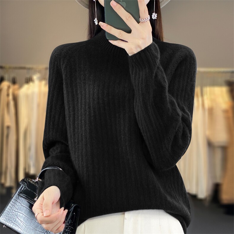 秋冬新款100%纯羊毛衫女半高领提花长袖毛衣宽松羊绒针织打底上衣,女装羊毛衫,鲁菏羊绒