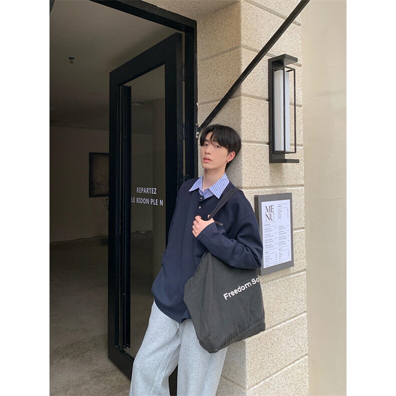 假两件衬衫领卫衣男春秋季小众美式复古条纹拼接T恤长袖T156,男装T恤,星座1116A（原606A-3）