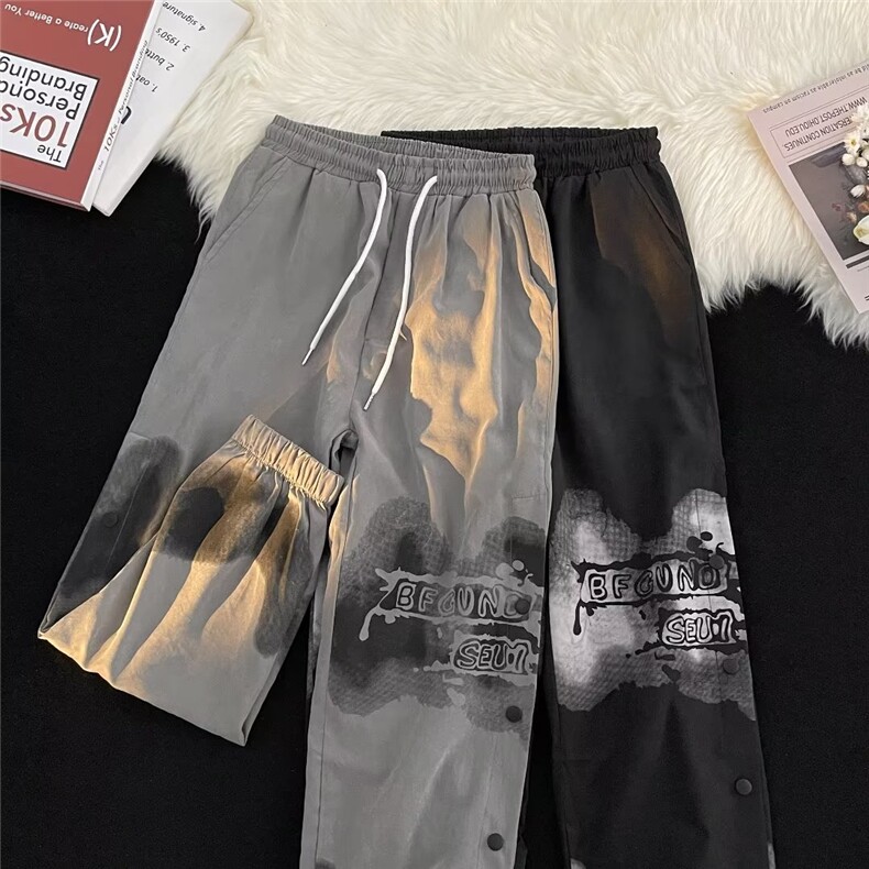 麂皮绒休闲裤男排扣开衩个性高街帅印花2025秋季ins长裤K4175-P30,男装休闲裤,星座412