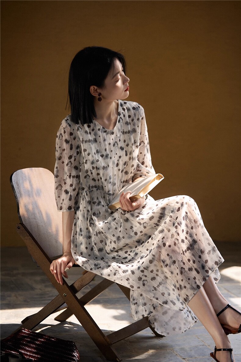 丨一笔丹青落江南丨水墨印花连衣裙/中长裙25年夏新款,女装连衣裙,梦白服饰厂
