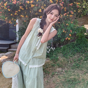 绿色氛围感减龄条纹套装裙女蕾丝边上衣2025夏季新款半身裙两件套，女装套装/套裙，含赞