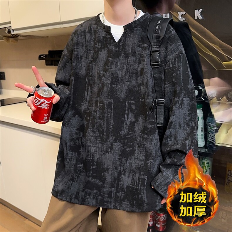 2025数据款V领长袖水墨画T恤*CK74*P25加绒30,男装T恤,星座511-1