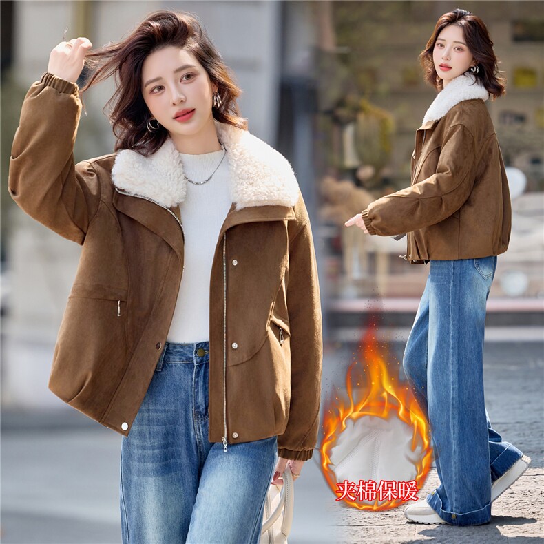 羊羔毛翻领夹棉加厚鹿皮绒外套女2025冬季新款休闲宽松超好看棉衣,女装短外套,印象茜