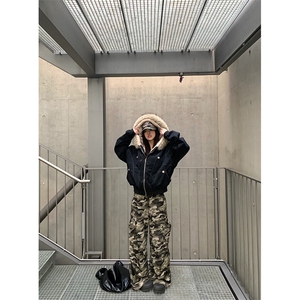 现货重磅boxy短款棉衣座山雕大毛毛领男女棉服水洗工装厚外套图片