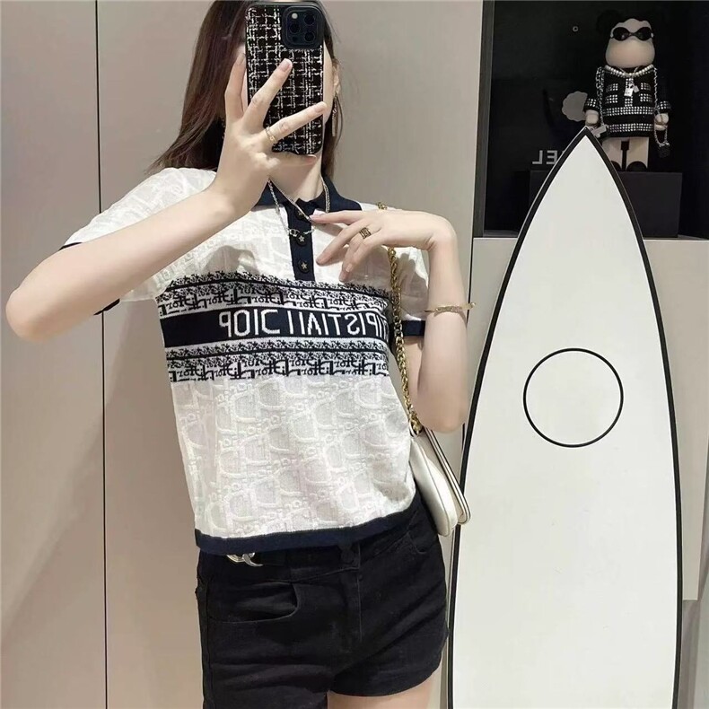 2025夏新款D家浮雕POLO衫短袖T恤女字母刺绣天丝冰丝宽松针织上衣，女装T恤，魅途羊绒