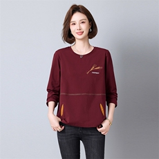 2025年秋季宽松型长袖刺绣圆领文艺刺绣风格针织打底长袖25220款，女装T恤，秋牧寒烟