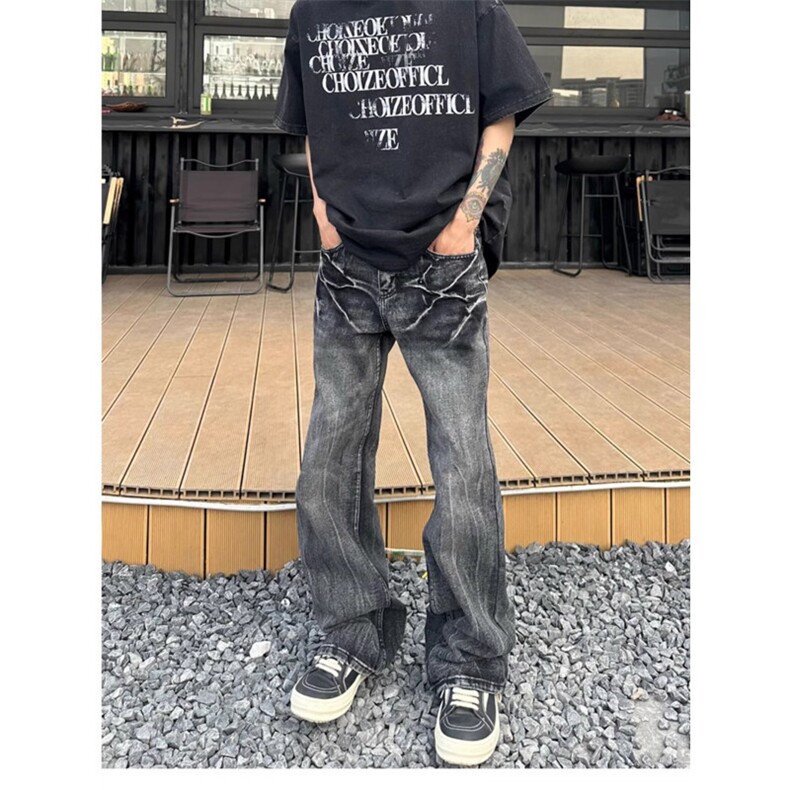 1506/Q16170/P51复古黑色水洗直筒牛仔裤宽松直筒阔腿坠感长裤,男装牛仔裤,星座1506