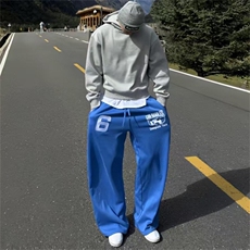 现货蓝色美式宽松复古印花直筒卫裤男K259/P43，男装休闲裤，星座205-3