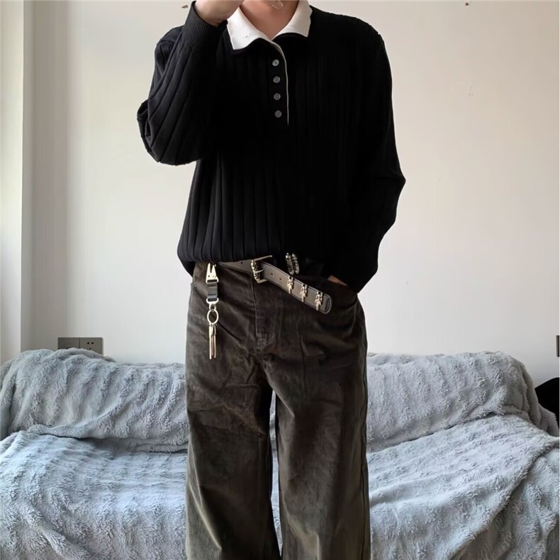 8804-P71设计感小众新款时尚款假两件双层领翻领撞色休闲毛衣,男装针织衫/毛衣,电商B323A