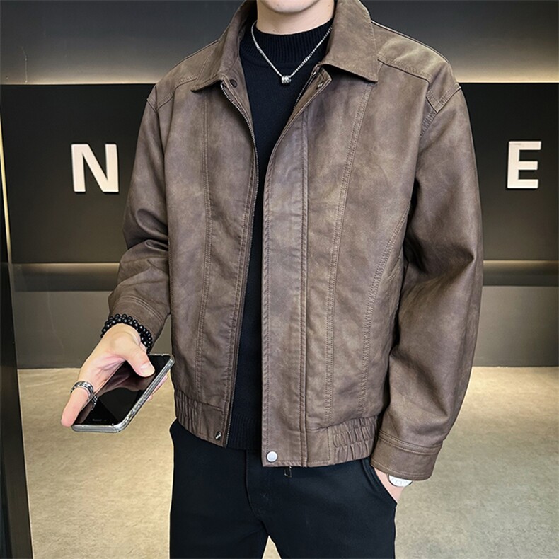 2025新款秋季皮衣外套男翻领潮牌美式休闲皮夹克A313-PY909-P155,男装皮衣,电商A313