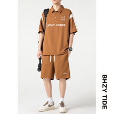 夏季新款polo领短袖T恤套装男宽松大码短裤两件套XZ80029-P70，男装休闲套装，电商A042
