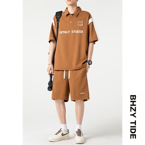 夏季新款polo领短袖T恤套装男宽松大码短裤两件套XZ80029-P70图片