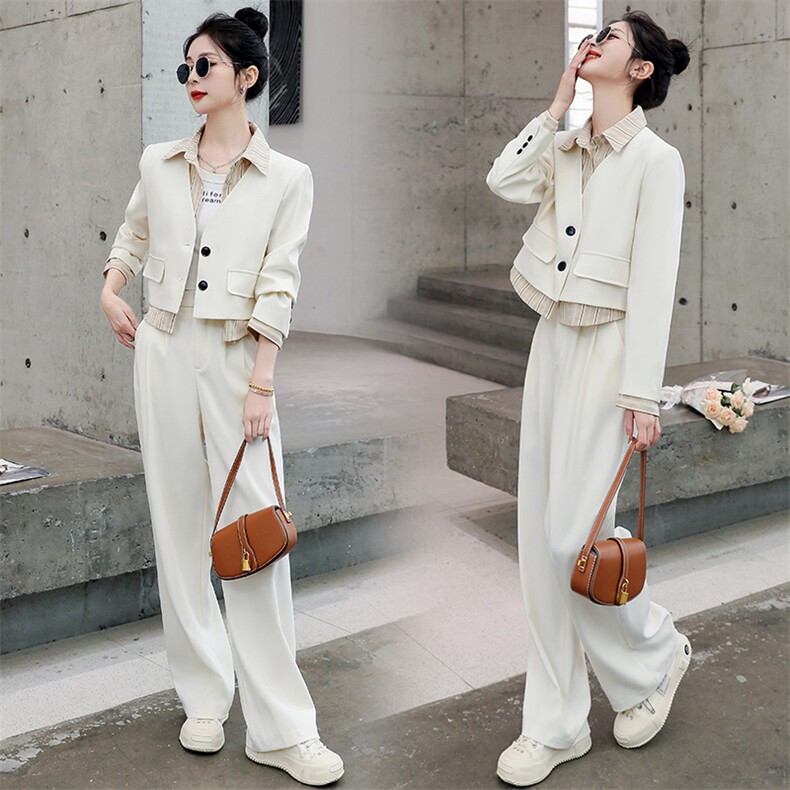 西装套装两件套女2023春季新款时尚韩版小洋气条纹拼接假两件西装，女装套装/套裙，辉之琳