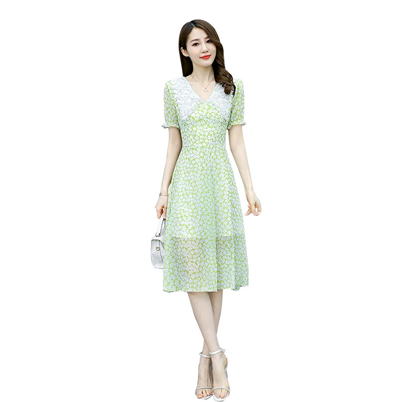 2021夏季新款时尚气质减龄V领小清新优雅修身显瘦碎花连衣裙,女装连衣裙,艾尚靓装
