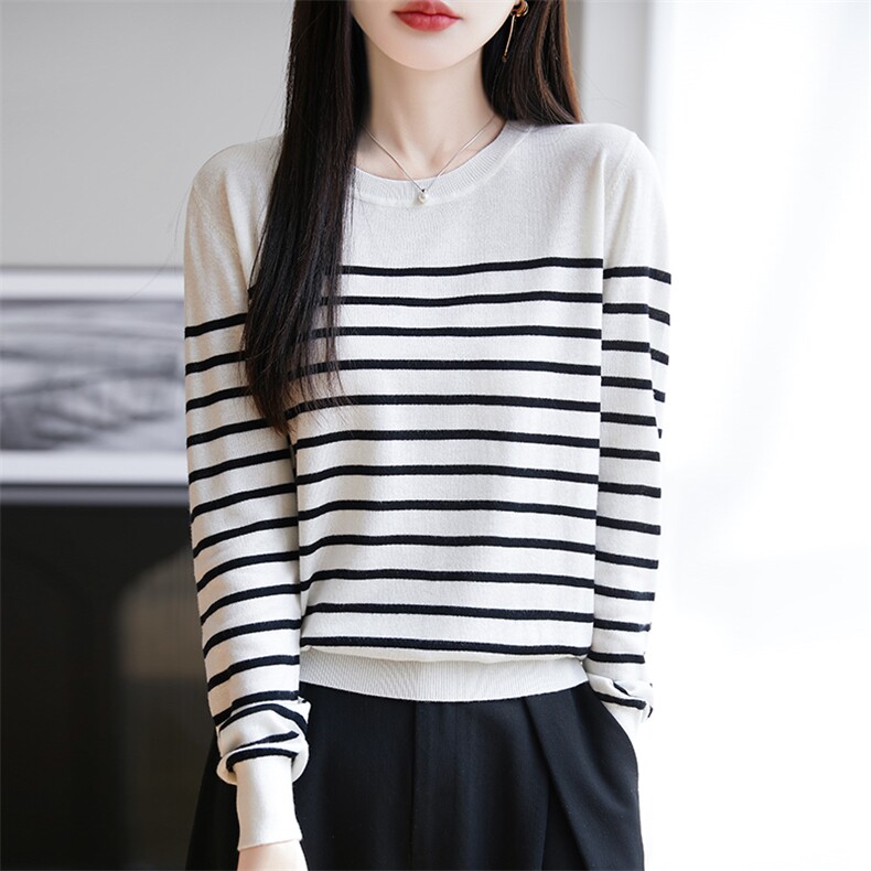精纺细羊毛薄款条纹针织打底衫女圆领宽松休闲通勤套头毛衣内搭潮，女装针织衫/毛衣，朝思羊绒