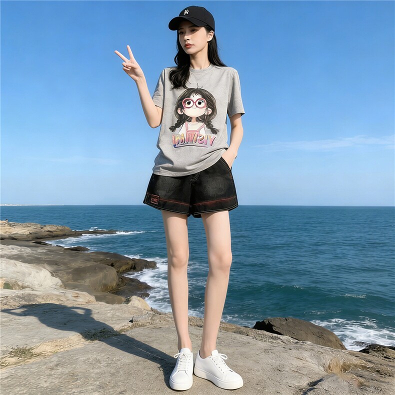 学院风网红运动套装女夏新款圆领卡通印花短袖阔腿牛仔短裤两件套图片