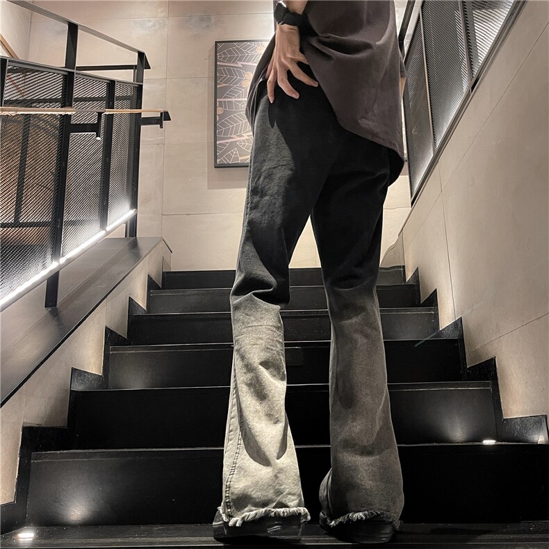 毛边微喇牛仔裤男生春秋季美式高街阔腿裤潮牌直筒宽松垂感休闲裤,男装牛仔裤,电商A061