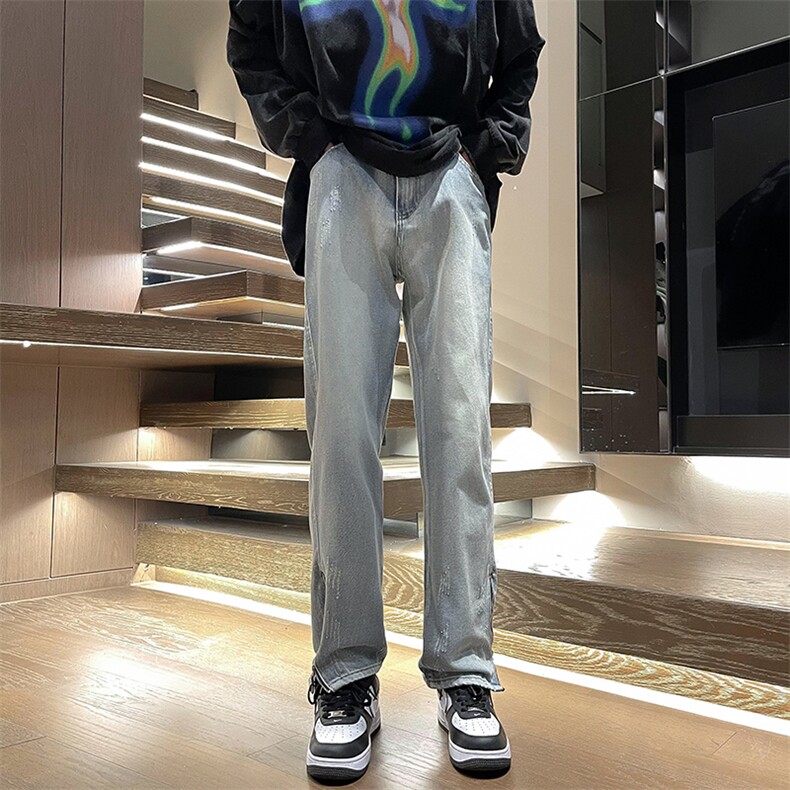 美式高街牛仔裤男修身侧边拉链潮牌vibe微喇裤子男图片
