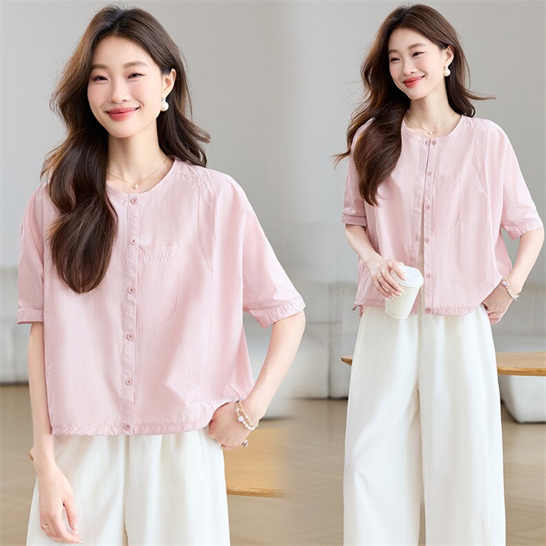 小香风粉色时尚套装女2025夏季洋气减龄显瘦短袖衬衫阔腿裤两件套，女装衬衫，木子恋
