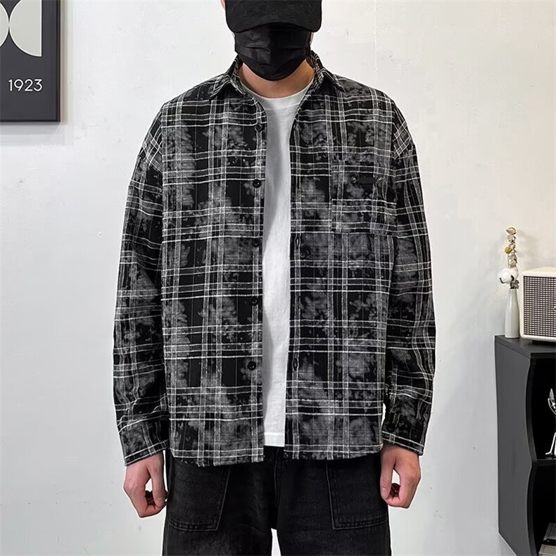 1506-1/CJ061/P35复古扎染格子休闲长袖衬衫男女春秋外套情侣装,男装衬衫,星座1506-1