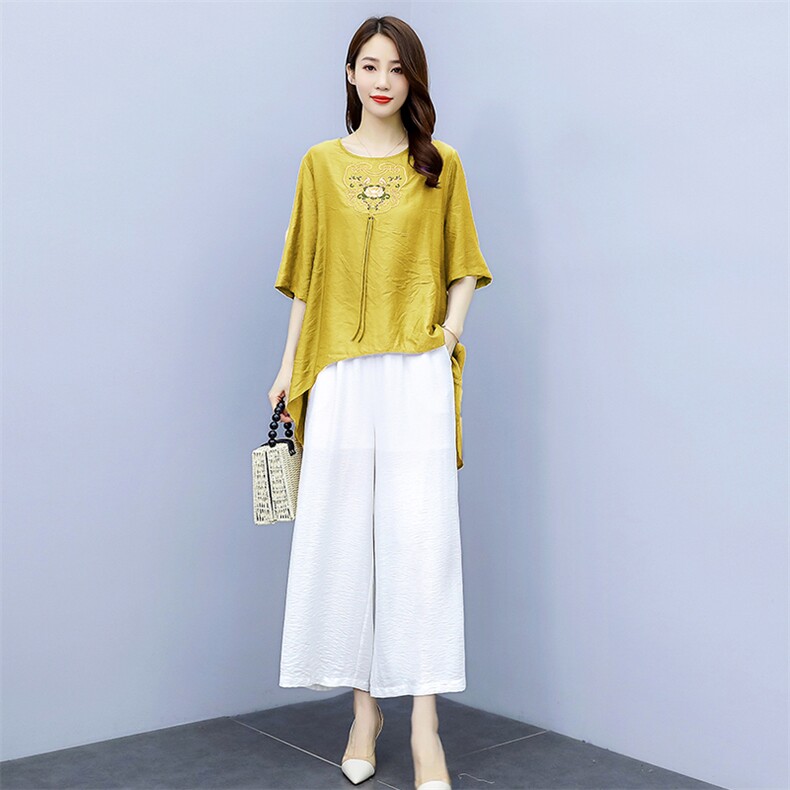 2021夏季新款简约气质圆领时尚宽松休闲舒适图案刺绣棉麻两件套,女装套装/套裙,韩宇舍