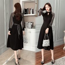 气质晚礼服女冬季长袖宴会高贵黑色长袖小个子年会名媛显瘦中长款，女装连衣裙，潮品会