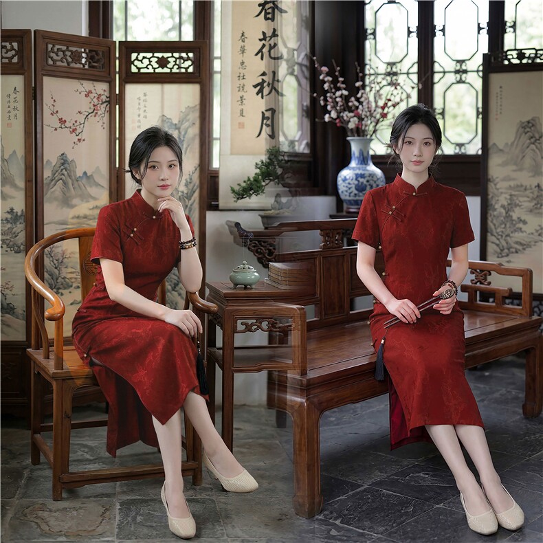 春夏季新款设计简约时尚气质修身显瘦喜庆中长款婚礼旗袍连衣裙,女装汉服/婚纱/旗袍/礼服,媚琳依坊