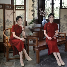 春夏季新款设计简约时尚气质修身显瘦喜庆中长款婚礼旗袍连衣裙，女装汉服/婚纱/旗袍/礼服，媚琳依坊