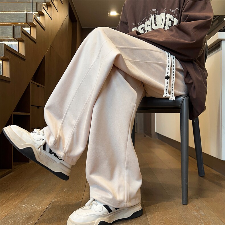 2025秋冬麂皮绒宽松潮牌男拼接休闲裤裤脚抽绳 K6733/特P30 杏色3图片