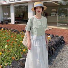 小清新蕾丝拼接薄款牛仔上衣套装裙女夏新款休闲显瘦半身裙两件套，女装套装/套裙，2C133