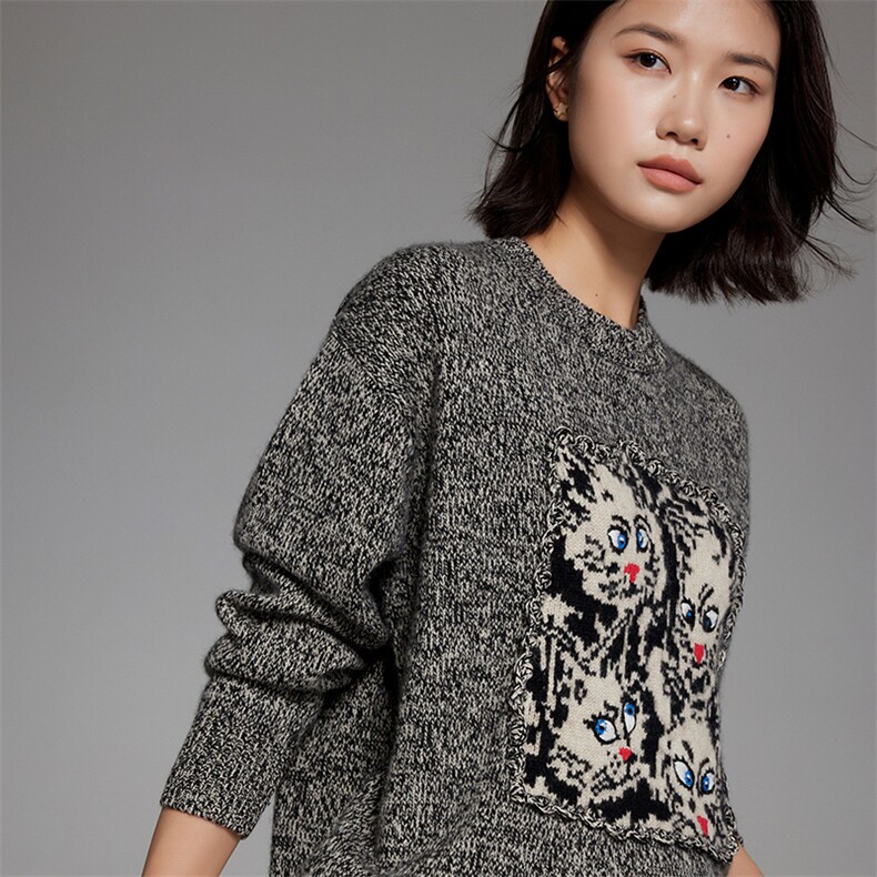 秋冬季新款舒适时尚百搭女式动物图案35%羊绒衫，女装羊绒衫，隆秋羊绒