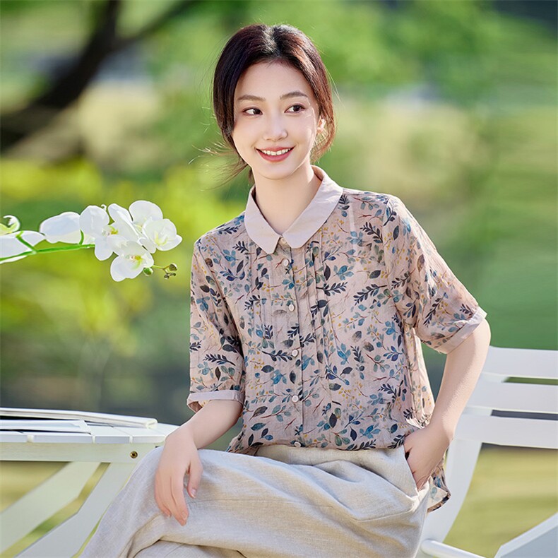 2026年夏季女短袖宽松苎麻常规亲肤透气文艺风，女装衬衫，江南依恋