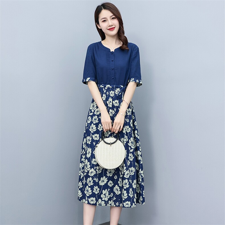 2023夏季新款时尚气质收腰显瘦休闲舒适拼接棉麻连衣裙,女装连衣裙,独衣靓