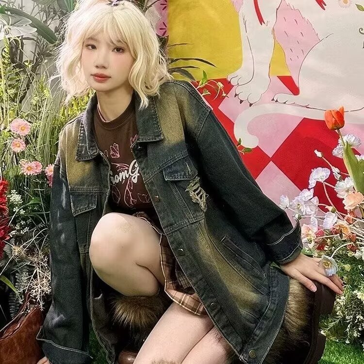 G8839-P65 美式复古做旧破洞牛仔外套女春秋新款大码宽松中长款图片