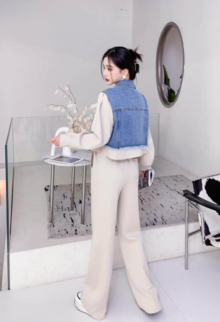 超美牛仔拼接款套装，女装职业装，贻思茗