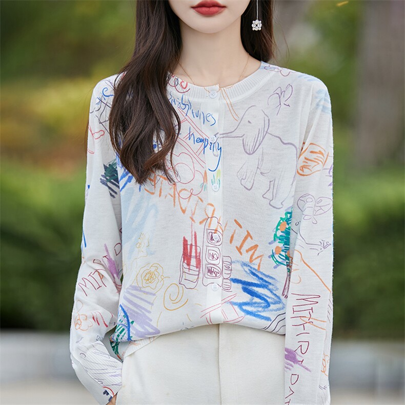 高级感小香风印花精纺羊毛针织开衫女圆领2024薄款防晒上衣空调衫,女装羊毛衫,朝贺羊绒
