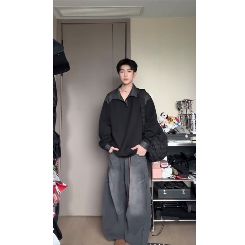 现货『轻启秋日松弛自洽』高级拼色设计感Polo领上衣长袖,男装卫衣,星座910A