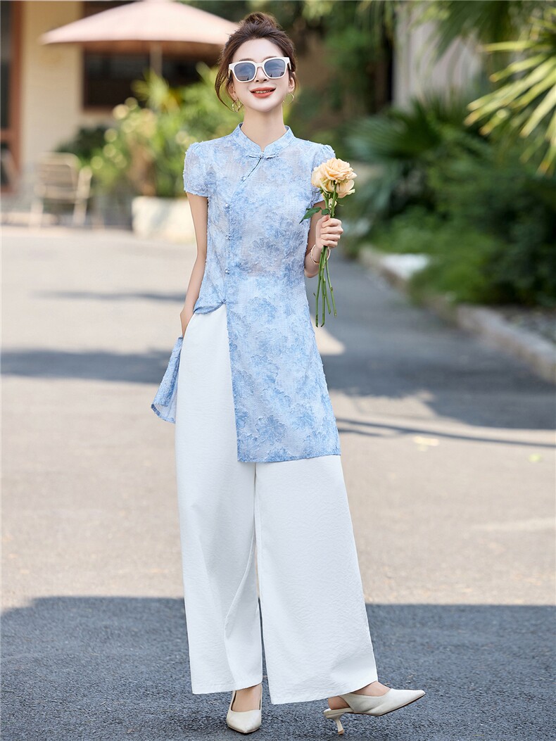 新中式国风短袖旗袍套装女2025夏季高级感气质年轻款阔腿裤两件套,女装套装/套裙,贵人树