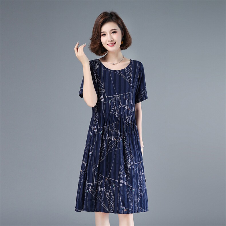 2021圆领印花文艺连衣裙抽皱棉质韩版减龄舒适套头裙子,女装连衣裙,伊满意