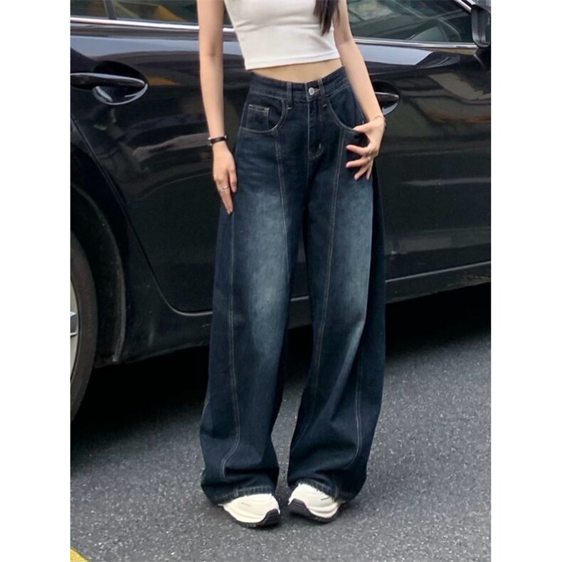 美式复古高腰弯刀牛仔裤春季新款高街设计感宽松显瘦阔腿拖地裤图片